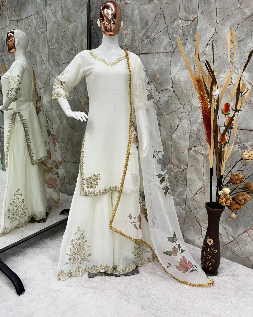 ELEGANCE REDEFINED - HEAVY CHINON SEQUINS EMBROIDERY SUIT WITH FULL FLAIR GHARARA