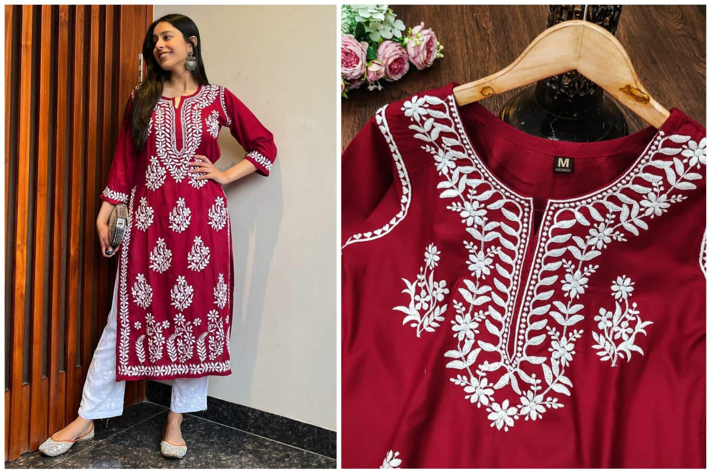 Rayon Cotton Kurti with Chicken Kari Embroidery Work and Cotton Lace Pant Set