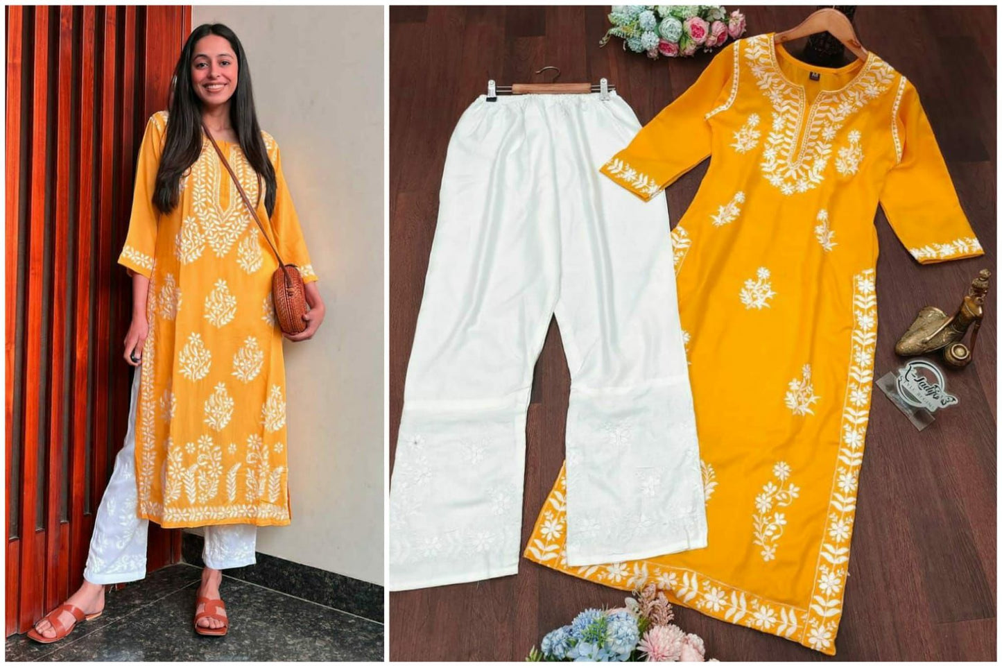 Rayon Cotton Kurti with Chicken Kari Embroidery Work and Cotton Lace Pant Set