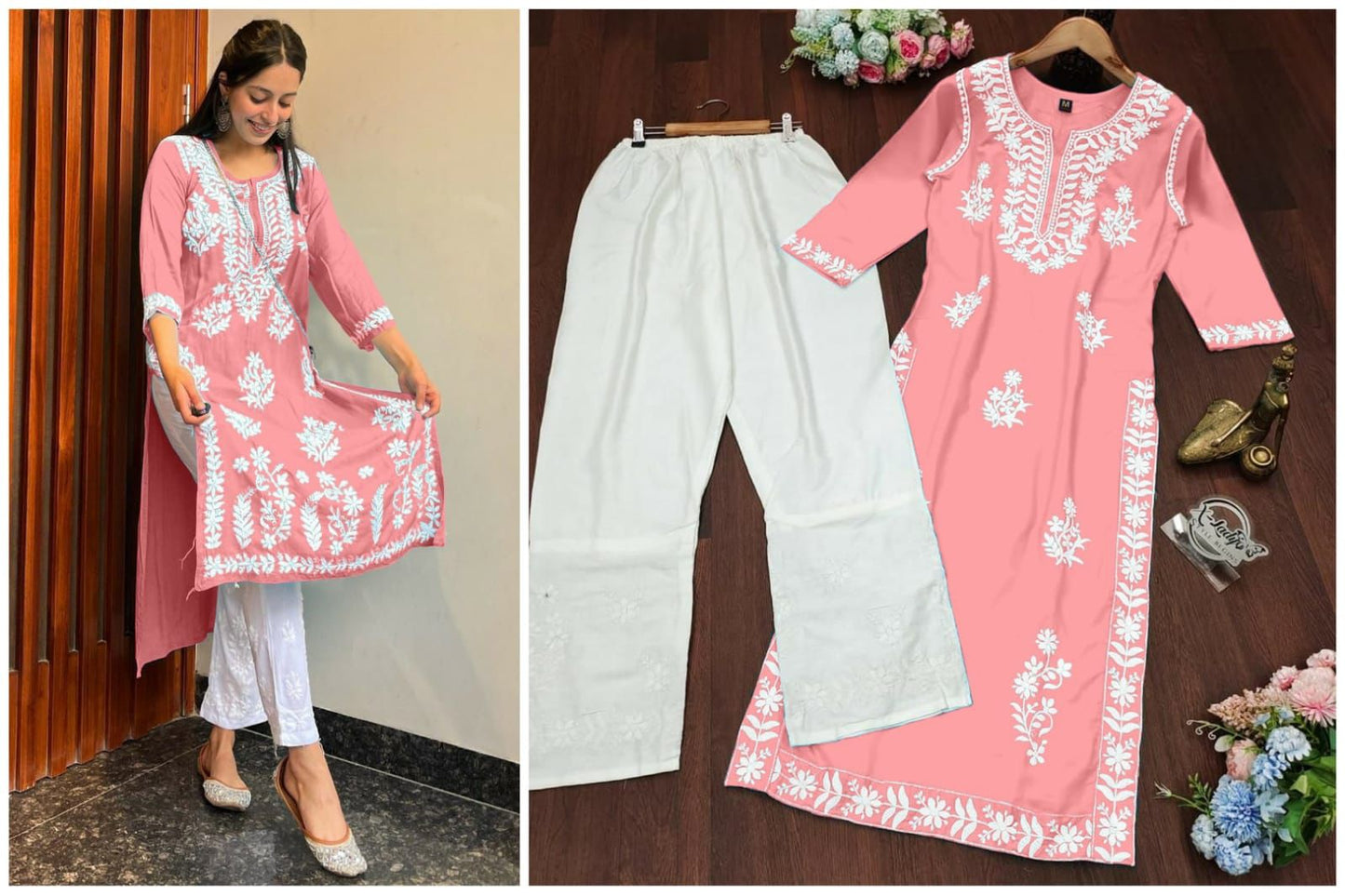 Rayon Cotton Kurti with Chicken Kari Embroidery Work and Cotton Lace Pant Set