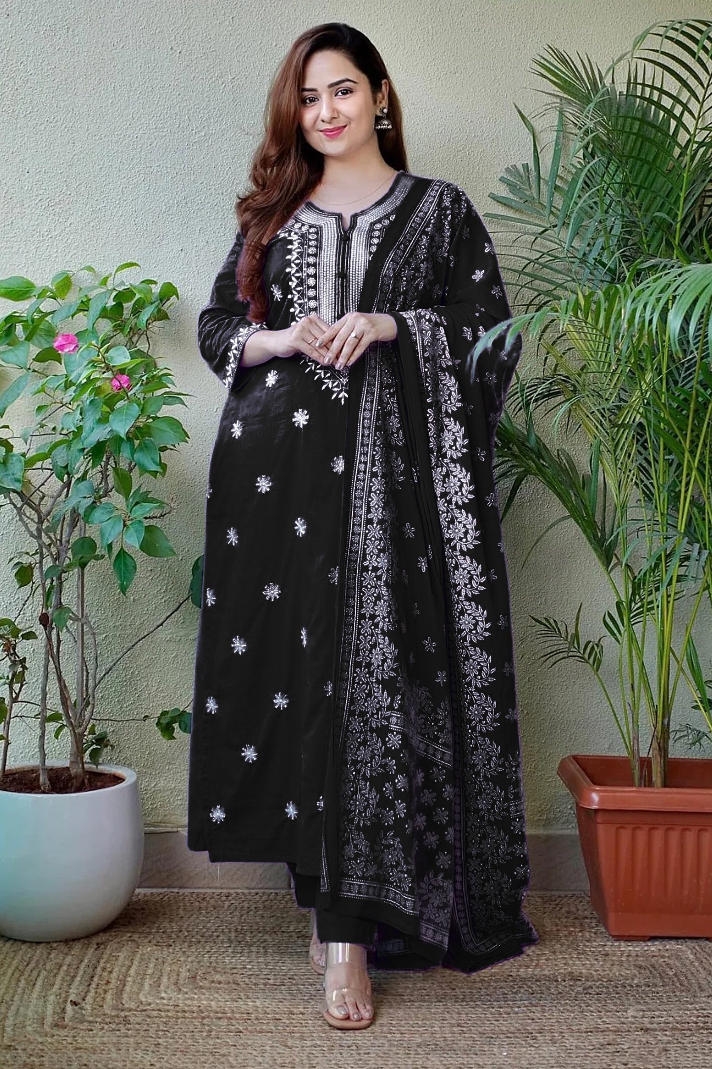 Premium Opulent Charm - Embroidered Reyon Cotton Set with Digital Print Chanderi Dupatta