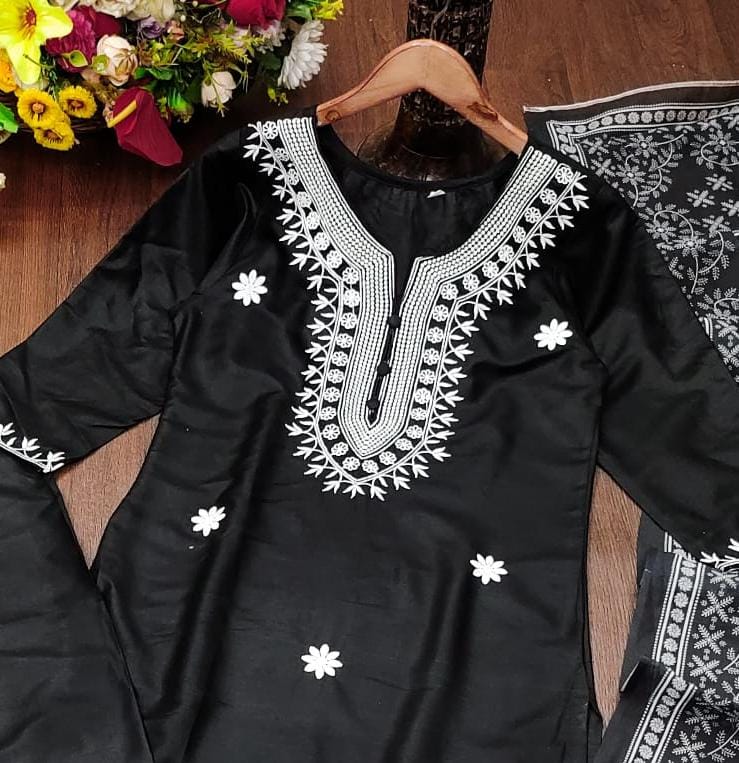 Premium Opulent Charm - Embroidered Reyon Cotton Set with Digital Print Chanderi Dupatta