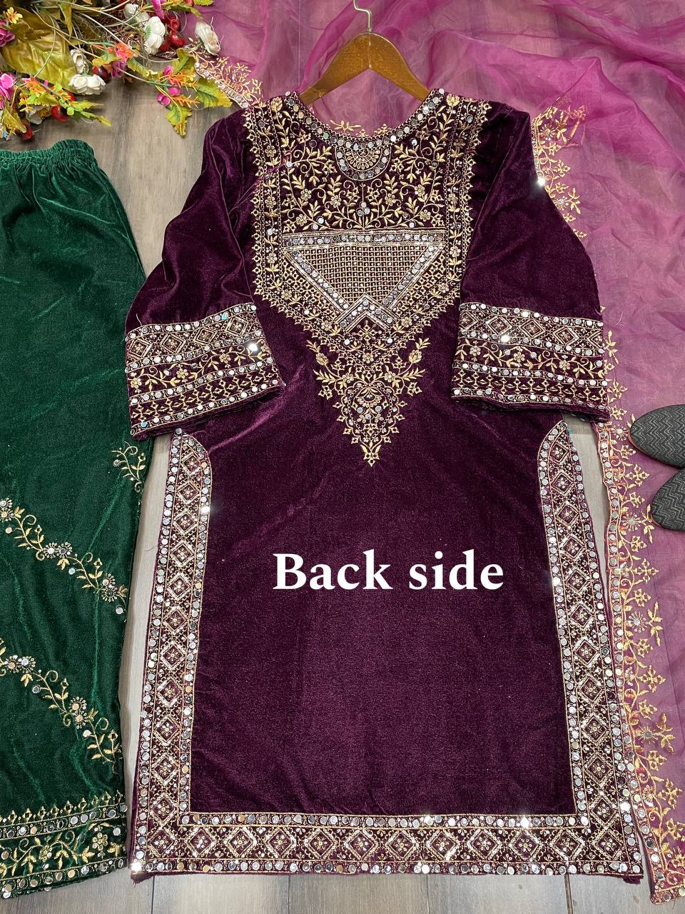 A FANCY VELVET SEQUENCE EMBROIDERY WORK SUIT WITH PANT AND DUPATTA