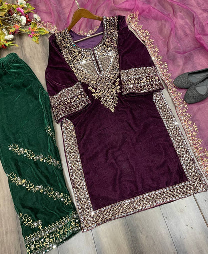 A FANCY VELVET SEQUENCE EMBROIDERY WORK SUIT WITH PANT AND DUPATTA