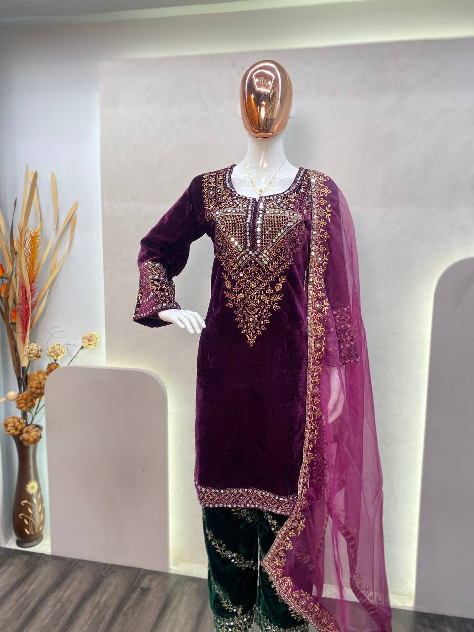 A FANCY VELVET SEQUENCE EMBROIDERY WORK SUIT WITH PANT AND DUPATTA