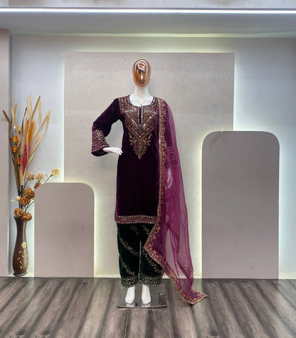 A FANCY VELVET SEQUENCE EMBROIDERY WORK SUIT WITH PANT AND DUPATTA