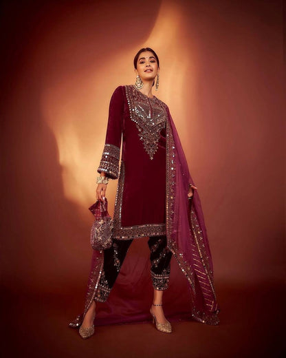 A FANCY VELVET SEQUENCE EMBROIDERY WORK SUIT WITH PANT AND DUPATTA