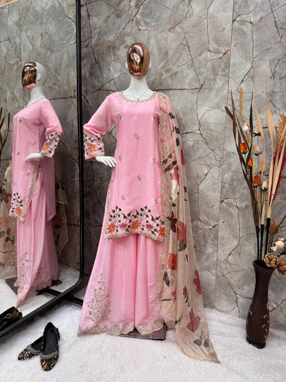 EXCLUSIVE DESIGNER HEAVY CHINON SUIT WITH FULL FLAIR GHARARA AND DUPATTA