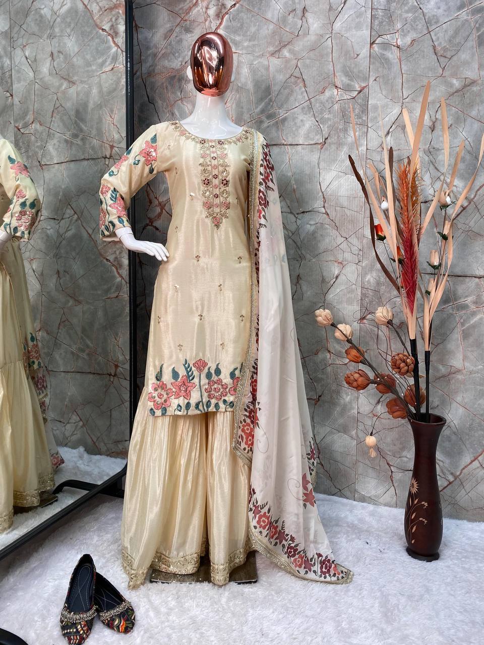 EXCLUSIVE DESIGNER HEAVY CHINON SUIT WITH FULL FLAIR SHARARA AND DUPATTA