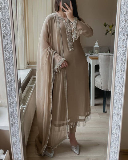 BEAUTIFUL PREMIUM DESIGNER ENSEMBLE IN LUXURIOUS FOX GEORGETTE WITH REAL MOTI HANDWORK