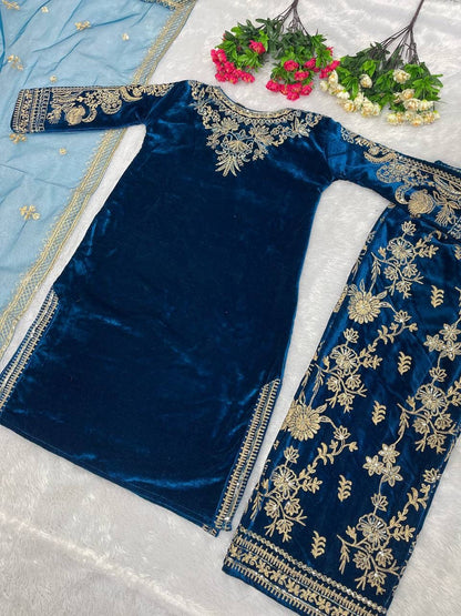 Designer Party Wear Ensemble – Viscose Velvet Top &amp; Pant with Elegant Dupatta!