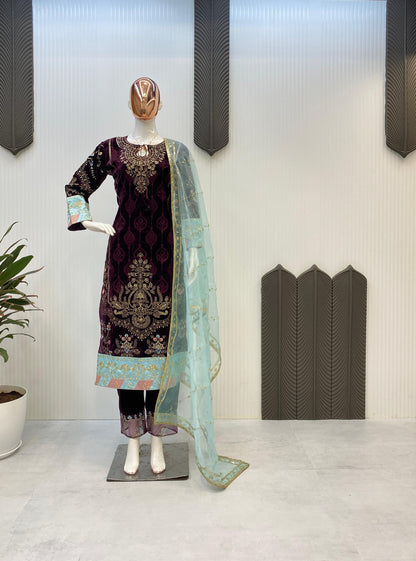 A Winter Designer Velvet Sequence Embroidery Work Suit with Dupatta