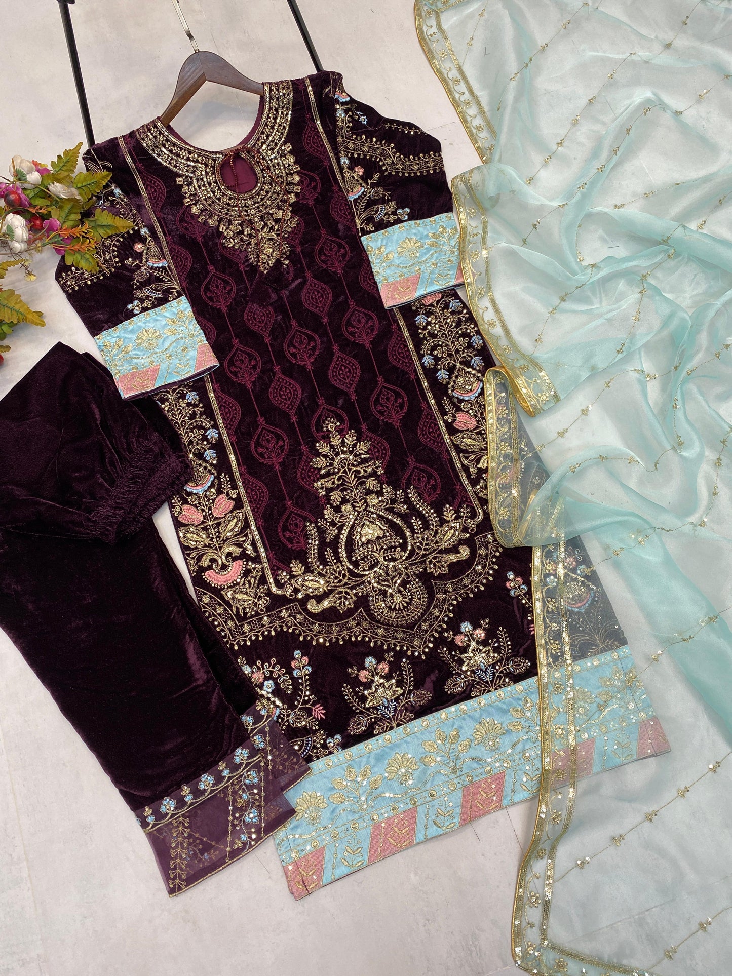 A Winter Designer Velvet Sequence Embroidery Work Suit with Dupatta