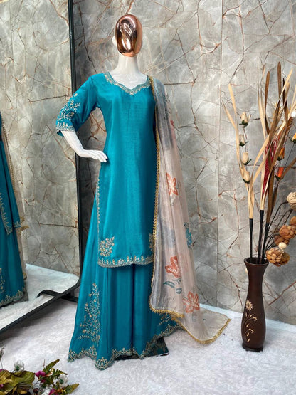 ELEGANCE REDEFINED - HEAVY CHINON SEQUINS EMBROIDERY SUIT WITH FULL FLAIR GHARARA