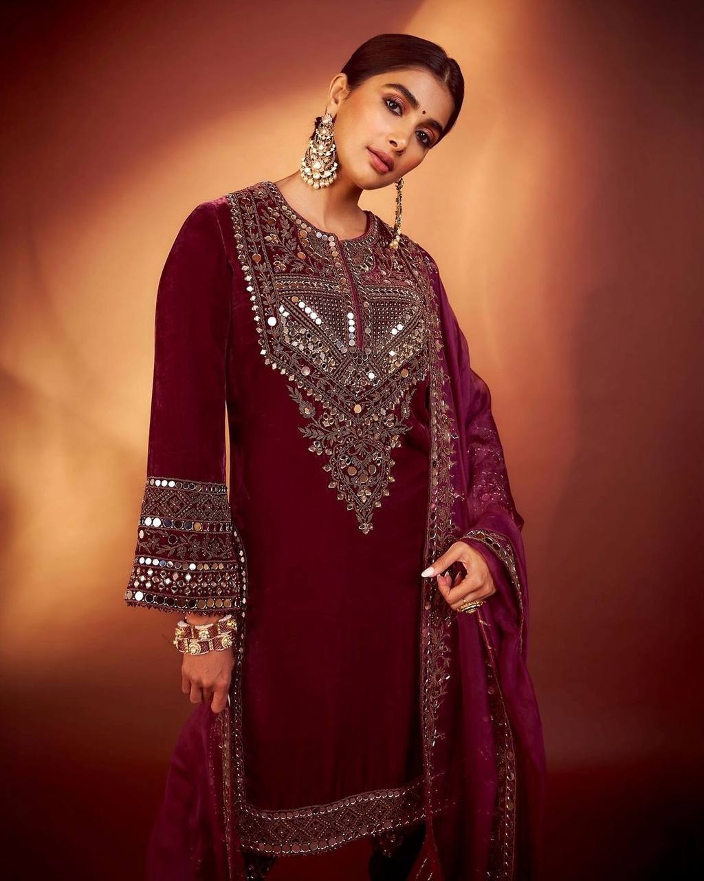 A FANCY VELVET SEQUENCE EMBROIDERY WORK SUIT WITH PANT AND DUPATTA