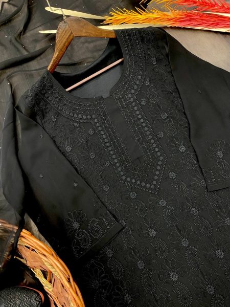 PREMIUM BLACK GEORGETTE KURTI SET WITH COTTON EMBROIDERED WORK