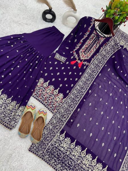 Heavy Chinon Silk Embroidery Work Sharara Suits