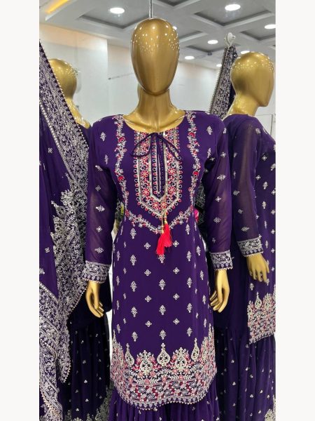 Heavy Chinon Silk Embroidery Work Sharara Suits