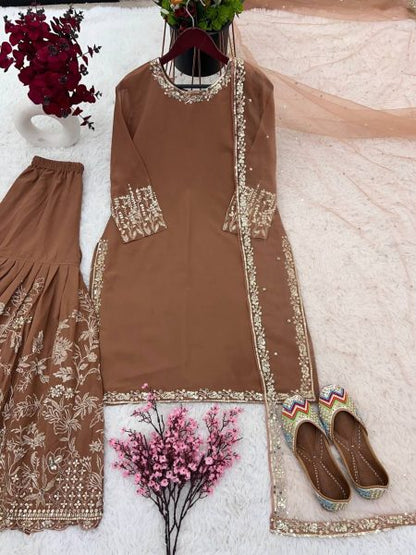 DELIGHTFUL HEAVY FAUX GEORGETTE WITH EMBROIDERY WORK SHARARA SUIT SET