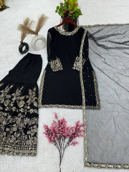 DELIGHTFUL HEAVY FAUX GEORGETTE WITH EMBROIDERY WORK SHARARA SUIT SET