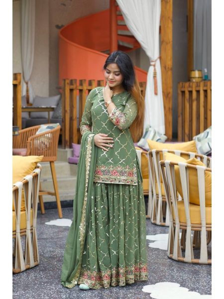 Green Color Sequence Work Fully Stitched Party Wear Sharara Suit With Dupatta