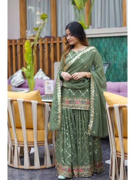 Green Color Sequence Work Fully Stitched Party Wear Sharara Suit With Dupatta