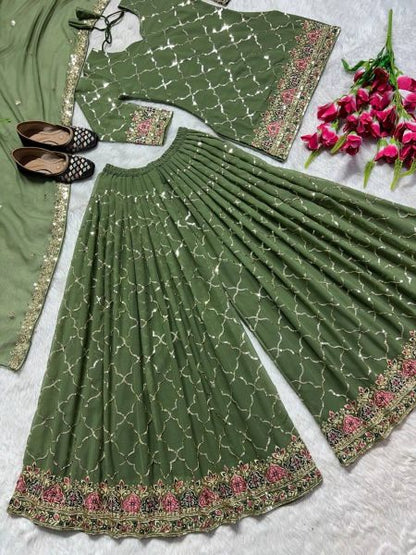 Green Color Sequence Work Fully Stitched Party Wear Sharara Suit With Dupatta