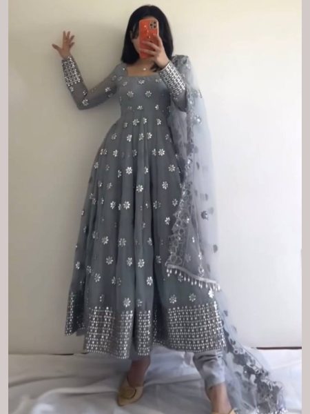 Designer Party Wear Grey Colour Gown With Embroidery Work