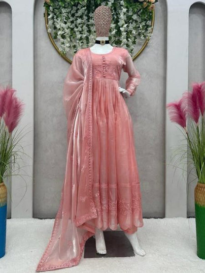 Peach Colour Thread Embroidered Anarkali Gown