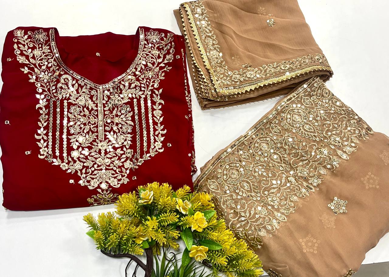 A HEAVY GEORGETTE EMBROIDERED TOP, SHARARA, AND DUPATTA SET