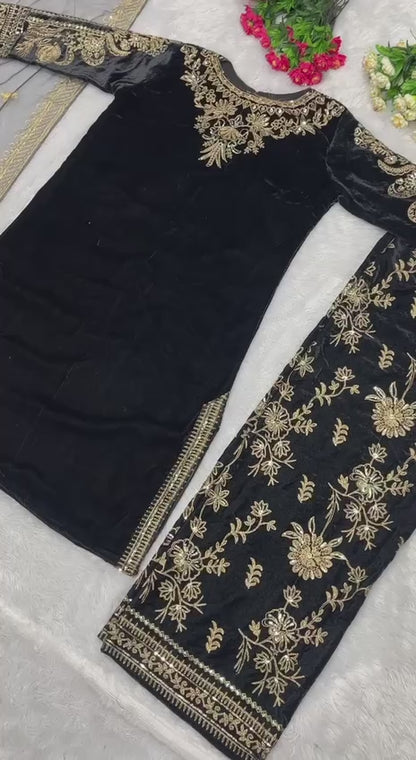 Designer Party Wear Ensemble – Viscose Velvet Top &amp; Pant with Elegant Dupatta!