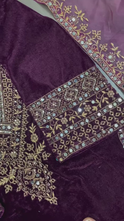 A FANCY VELVET SEQUENCE EMBROIDERY WORK SUIT WITH PANT AND DUPATTA