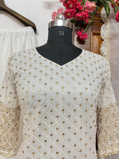 WHITE COLOR GEORGETTE EMBROIDERY WORK PLAZZO SUITS