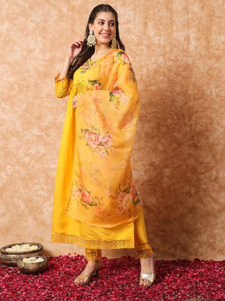 Women Viscose Kurti Pant With Organza Dupatta